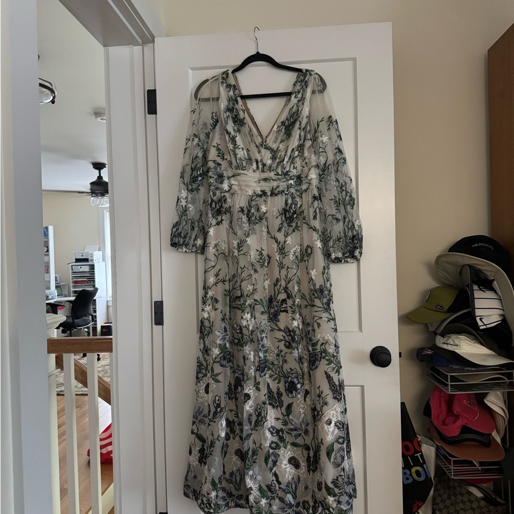 Green and Black Ruffled Tiered V-Neck Gown